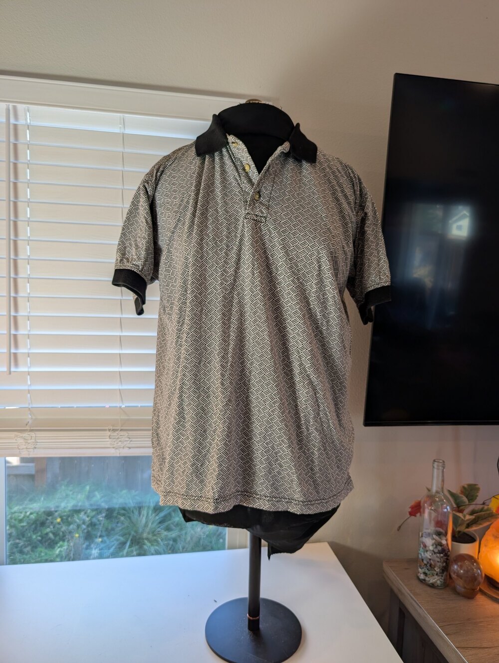 Salmon River Traders Polo Shirt Patterned Cotton Black Collar Size M